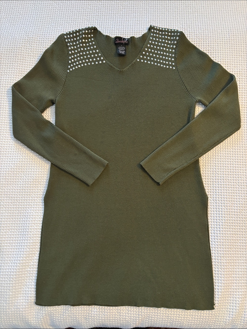 Olive Green Ribbed Sweater Dress with Studded Shoulders